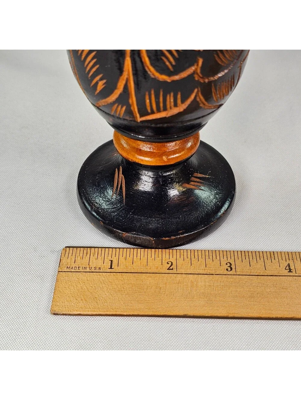 Vintage Hand Carved Wooden Vases Set of 2 Floral Etched Two Tone Black Natural